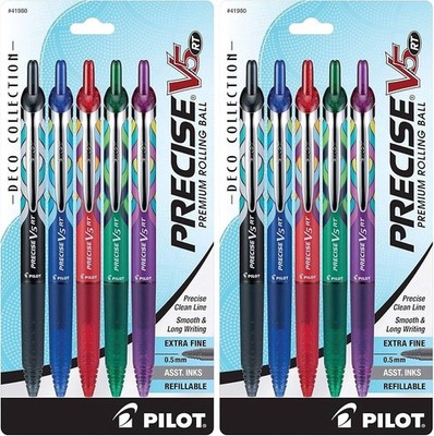 Two 5 Pack Pilot Precise V5 RT Deco Collection Retractable Ink Rolling Ball Pens