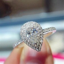 2 Ct Pear Cut Lab Created Diamond Halo Engagement Ring 14k White Gold Finish