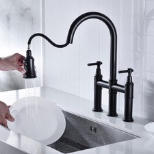 Matte Black Bridge Kitchen Faucet with Pull Down Sprayer 360-degree Rotation