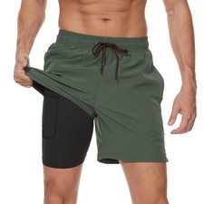 Mens Swim Trunks with Compression Liner 2 in 1 Beach Swimming Trunks Quick Dr...