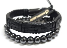 2 PC ANTHONY JACOBS BEADED HEMATITE STONE STRETCH BRACELET,S/STEEL LEATHER CUFF