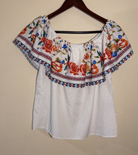 Women  s S Off-Shoulder Floral Ruffle Blouse Top, White/Multicolor Pullover