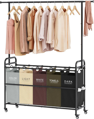 5-Section Laundry Sorter Cart with Wheels & Hanging Rack, 246L Capacity
