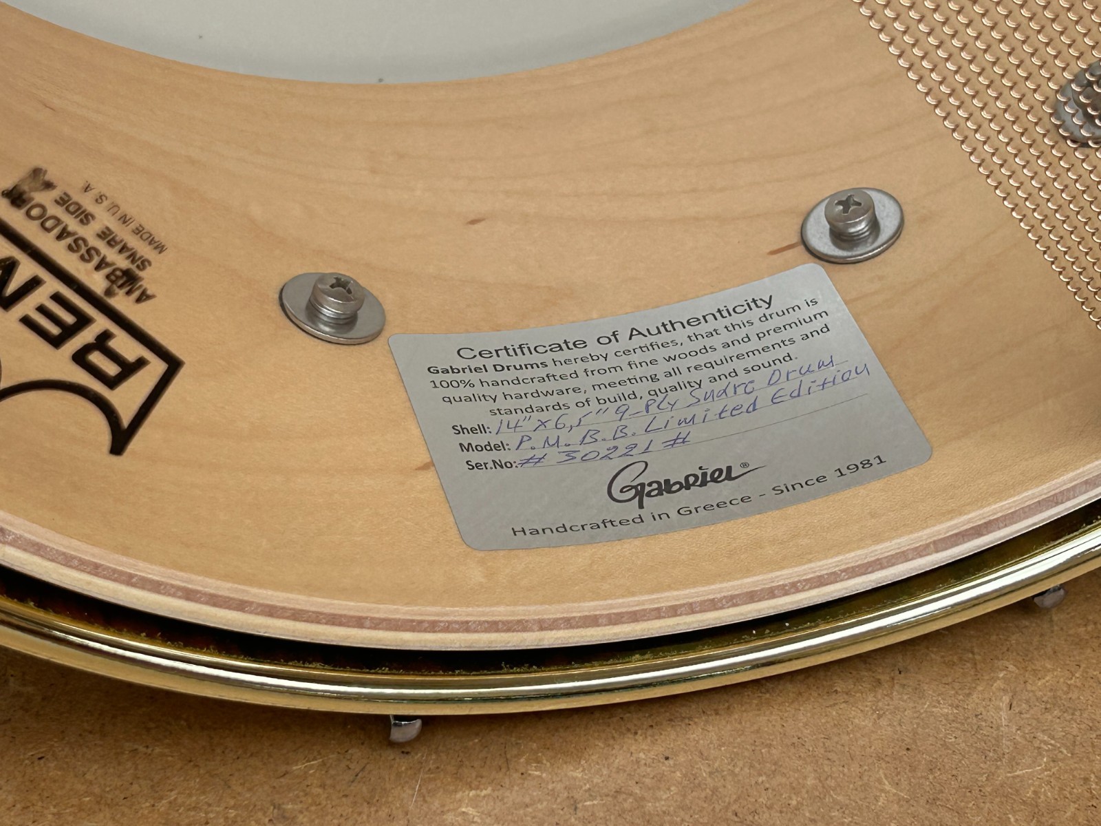 GABRIEL PMBB Limited Edition 14''x6.5'' Snare Drum-Palisander with Gold Hardware photo 9