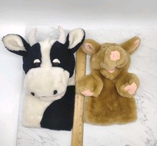 Dakin Vintage 1984 Cow  Pig Hand Puppets 12" Plush Black White Pink Lot of 2