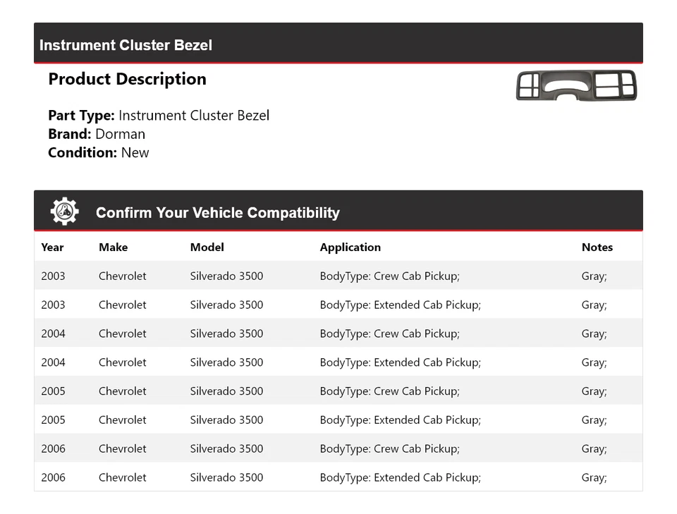 Bisel de cuadro de instrumentos para Chevrolet Silverado 3500 Dorman 2003-2006 2004 2005 Foto 2 de 4