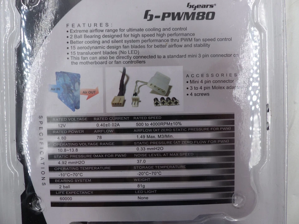 BGEARS B-PWM80 BG01299 12V 2 BALL BEARING 500~4000 RPM 80MM CASE FAN WITH ACC. - Image 2 of 3