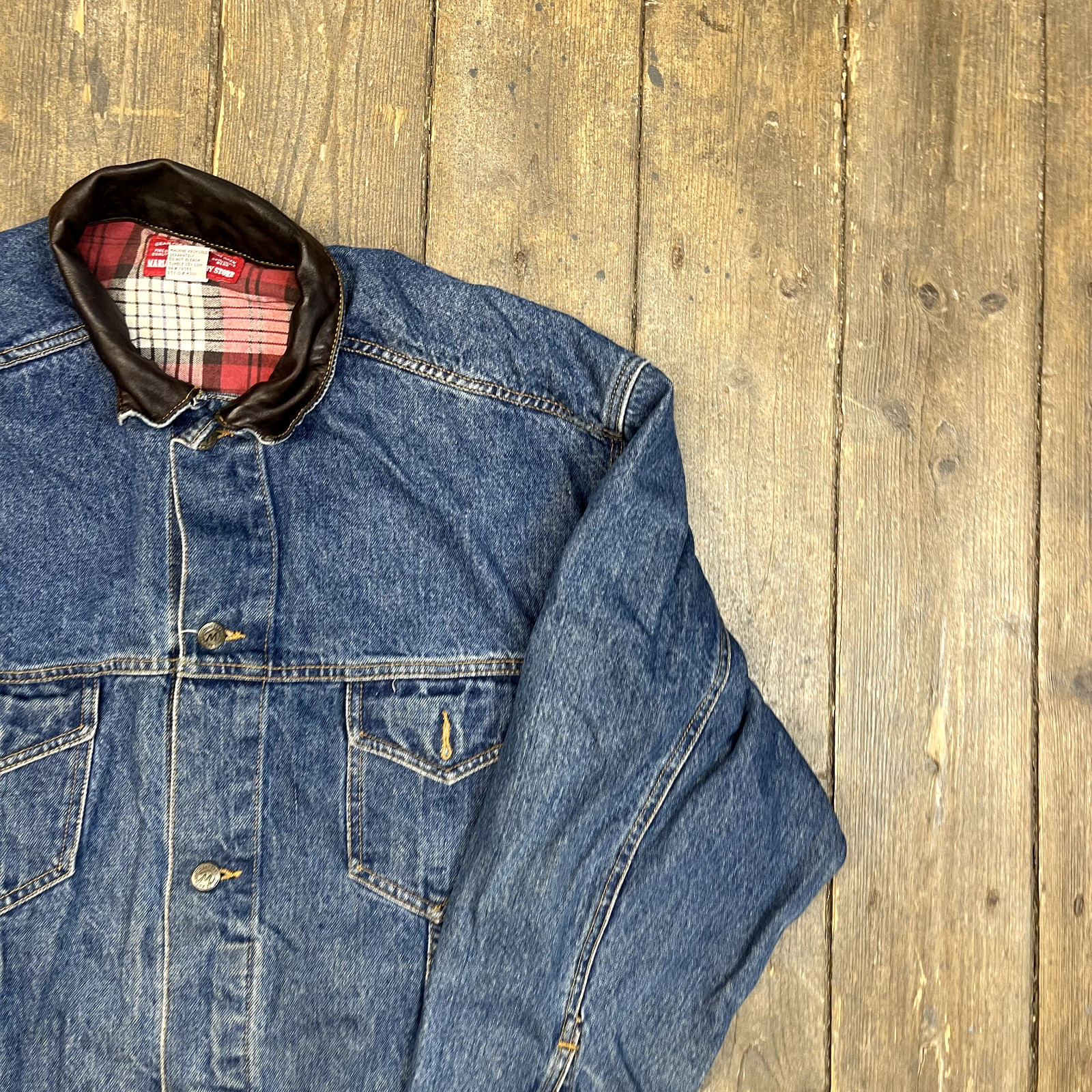 Marlboro Country Store Denim Jacket Vintage Biker Bomber Coat, Blue, Mens XL image 2