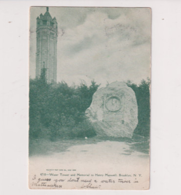 Postcard NY Water Tower And Memorial To Henry Maxwell Brooklyn New York PM 1905