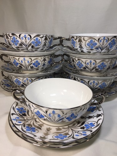 (7) Wedgwood WH2638 Cream Soup & Liners w/Silver Twig Handles & Blue Flowers - Picture 6 of 11