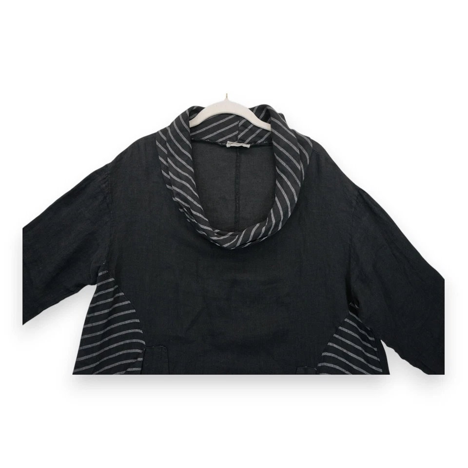 Vestido Italiano 100% Lino Negro Media Manga Rayas Bolsillos/Cuello, Pecho: 46" Foto 4 de 4