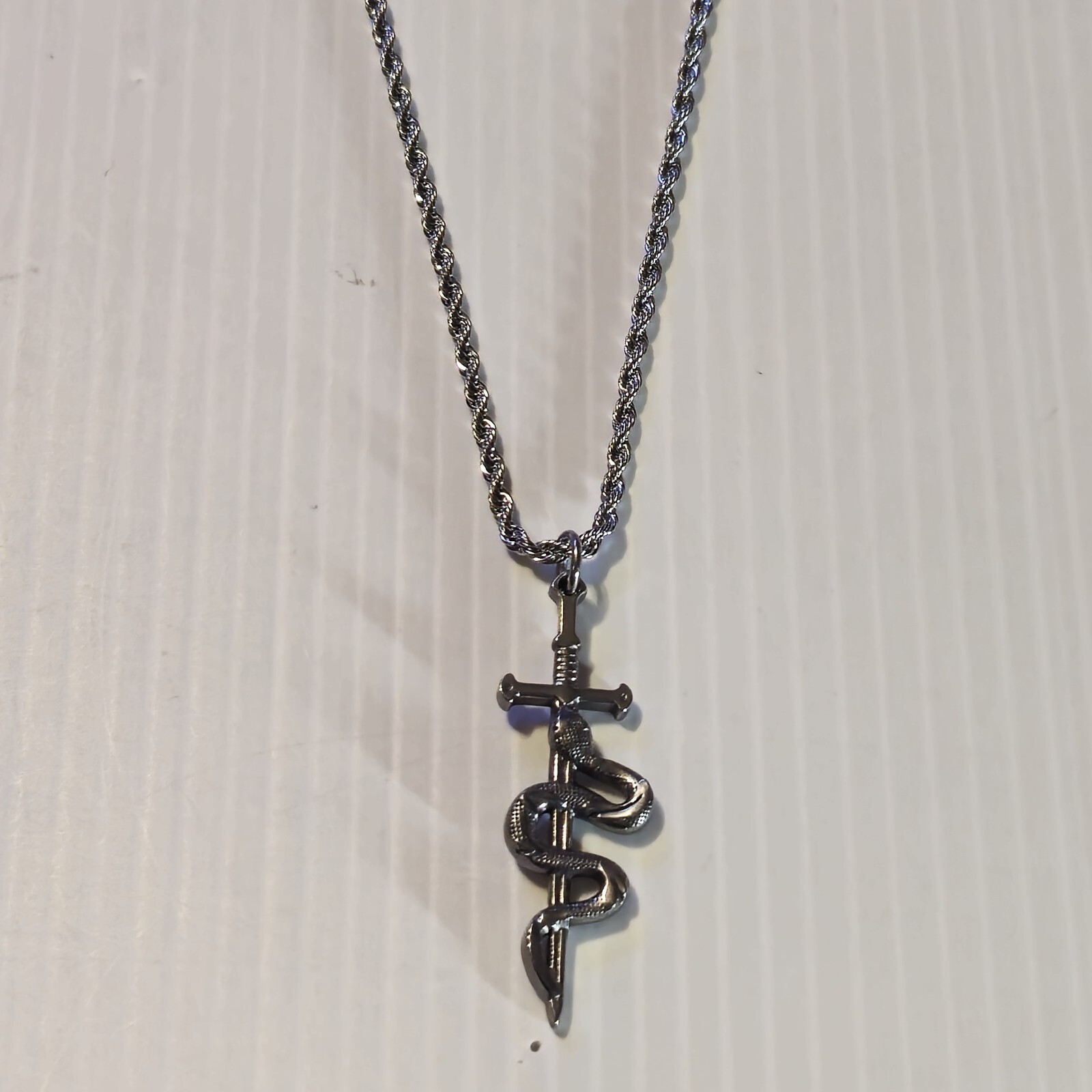 STAINLESS STEEL SWORD & SNAKE Pendant Charm / 18"-24" CHAIN 3MM NECKLACE