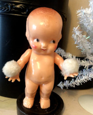 Vtg 1930s 7" IRWIN USA Hard Plastic CELLULOID Body BABY DOLL Side Eye KEWPIE Pom