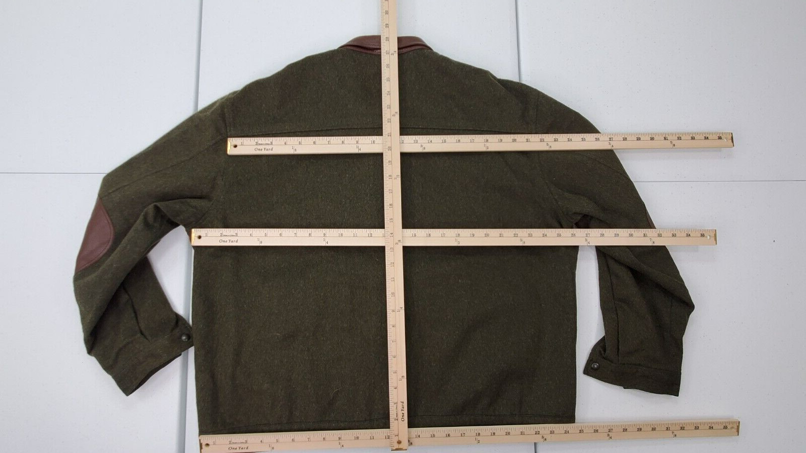 Vintage Paul Stuart No Size Green Wool/Leather Collar/Elbow Patch Bomber Jacket