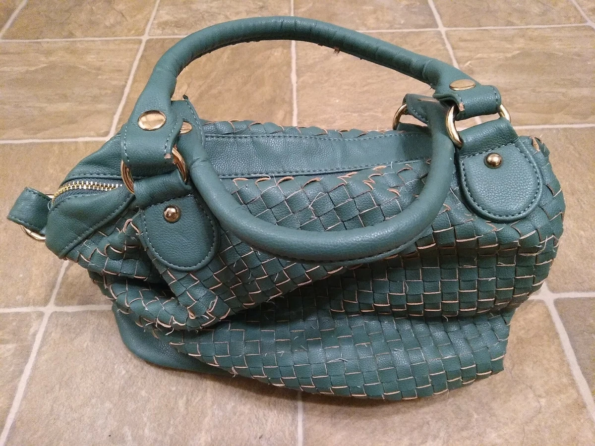 Hand Bag deux lux Green Faux Leather Woven Satchel pocket book