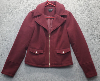 Bebe Blazer Jacket Womens Medium Burgundy Lined Flap Pockets Peak Lapel Full Zip