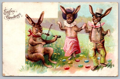 Vtg Postcard. Easter Greetings. Anthropomorphic Dancing rabbits.  PMK 1909 (p5)