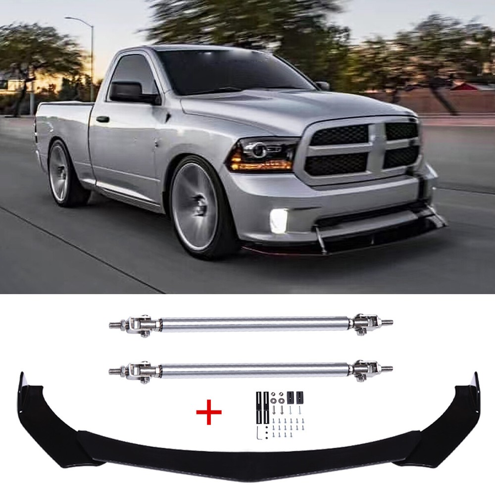 For Dodge Ram 1500 Gloss Black Front Bumper Lip Splitter + Splitter Rod Body Kit
