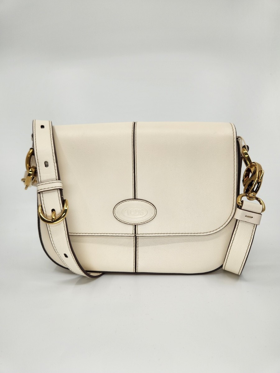TOD'S C BAG Logo Cream Leather Crossbody Saddle Flap Bag