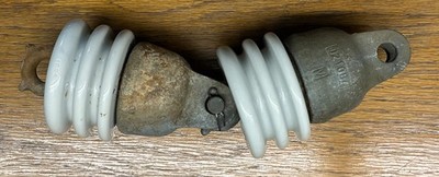 Pair of Collectible Vtg  Electric Power Line Ceramic Porcelain+Metal Insulators