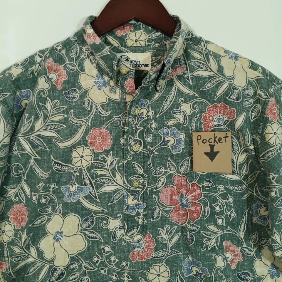 Colher Reyn Vintage Masculina M Verde Manga Curta Floral Tropical Havaiana Botão para Baixo - Imagem 3 de 4