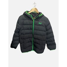 Under Armour Kids Puffer Jacket Black Neon Green Hooded Full Zip YLG Large
