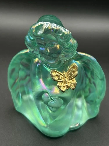 Vintage Fenton Aqua Iridescent Angel With Gold Butterfly Figurine