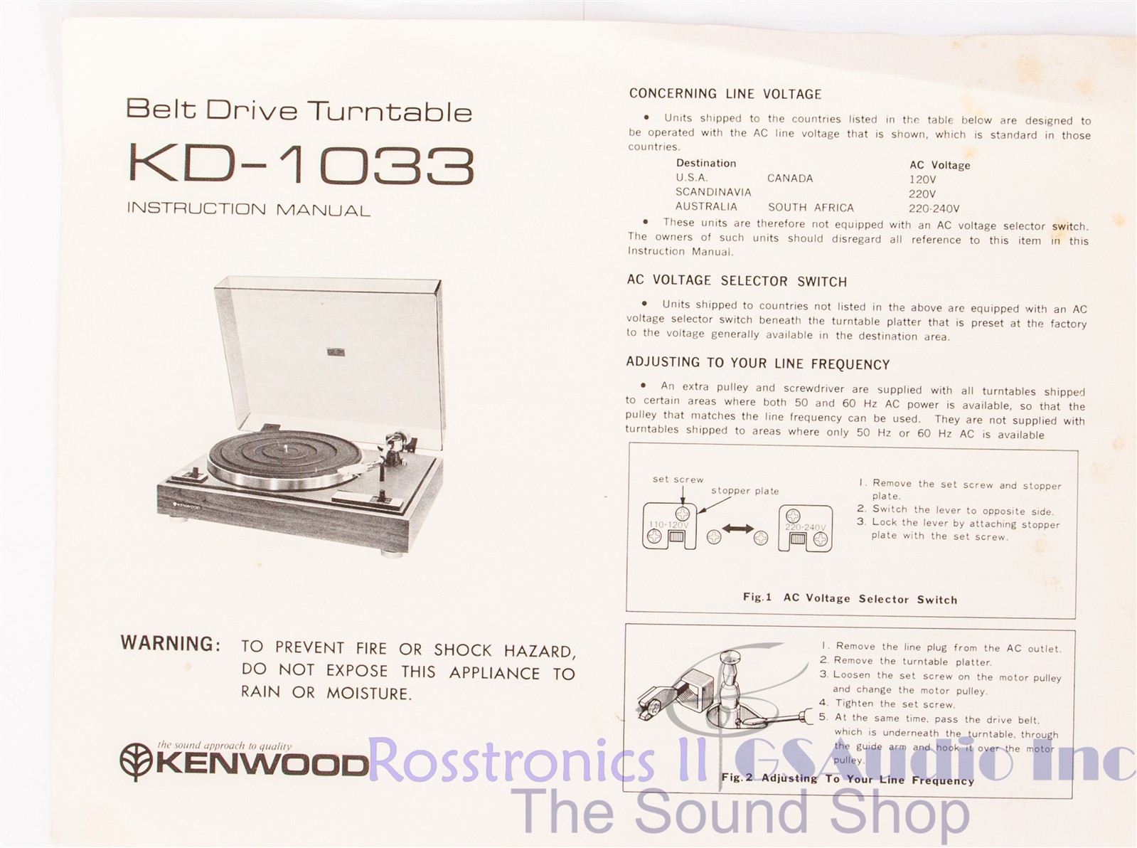 Vintage Kenwood KD-1033 Belt drive Turntable Instruction Manual