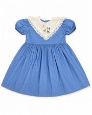 Vintage Girls Blue Dress Angel Embroidered Lace Collar Puff Sleeve Sz 8-10