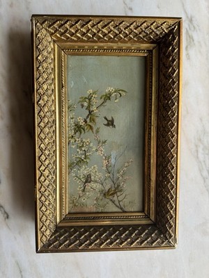1891 Birds and Blooming Branches Oil Painting On Canvas Gold Frame Signed, Dated