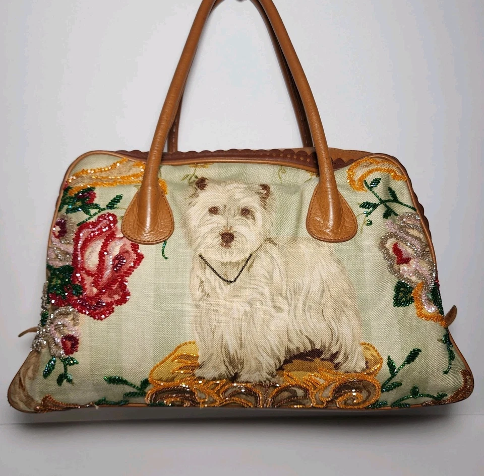 ISABELLA FIORE WHITE TERRIER,BEADED,FABRIC LEATHER DOGGY DIVA HANDBAG $565 - Image 3 of 4