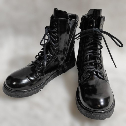 EMPORIO ARMANI Patent Leather Lace-Up Boots US7 Black 25cm Side Zip