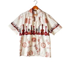 Hawaii WinnieFashion Aloha Shirt Ukulele Pattern Ivory L Cotton New