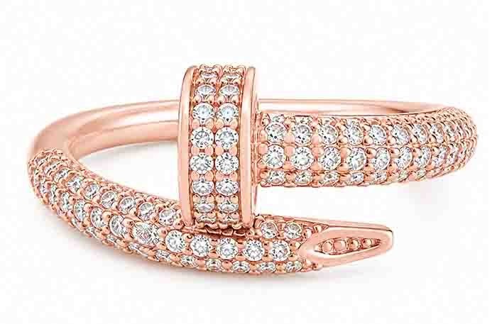 LAB CREATED WHITE SAPPHIRES NAIL RING 14K ROSE GOLD PLATED (.925) - NWT
