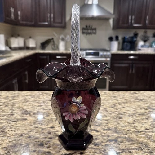Fenton Glass Royal Purple Basket - Hand Painted & Signed - Limited Edition