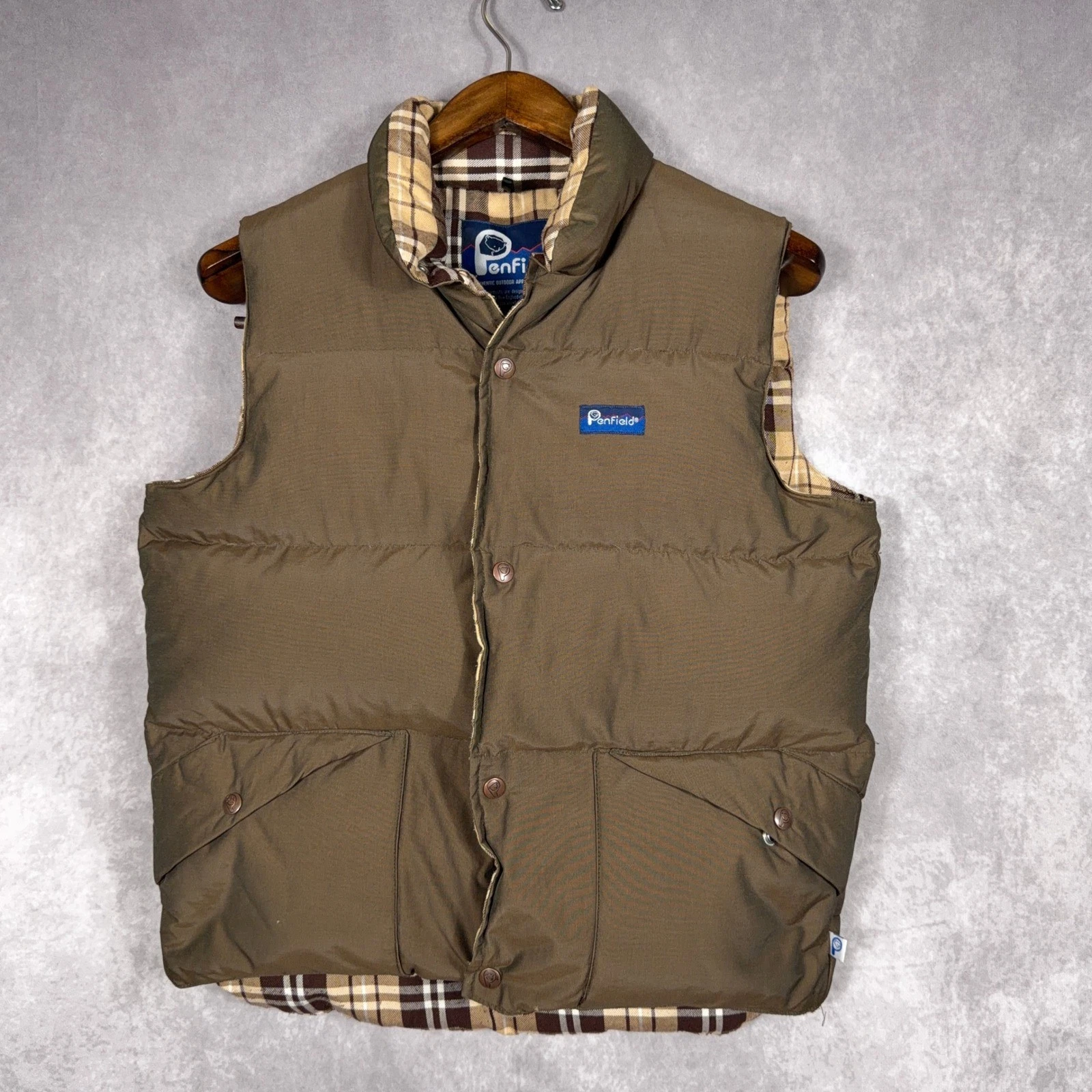 Penfield Puffer Vest 60/40 Fabric Down Fill Plaid Lined Small Brown Outdoor