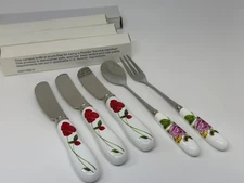 VTG Stainless Steel Flatware Set Floral Porcelain Handles 3-Pc Knife Fork Spoon
