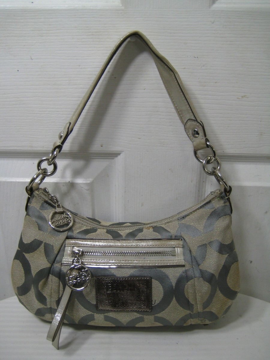 COACH Poppy Gray Fabric leather trim Signature C Small Hobo