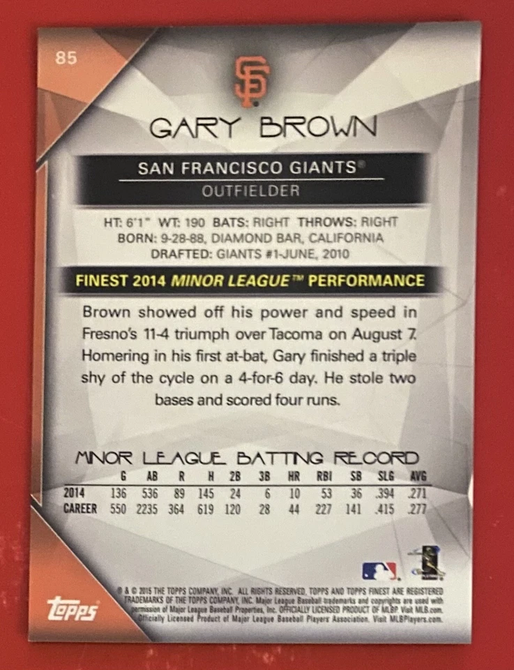 2015 Topps Finest Blue Refractor /150 Gary Brown RC #85 San Francisco Giants - Image 2 of 2