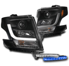 For 15-17 Chevy Suburban Tahoe Led Tube Black Projector Headlight Blue Drl Kit