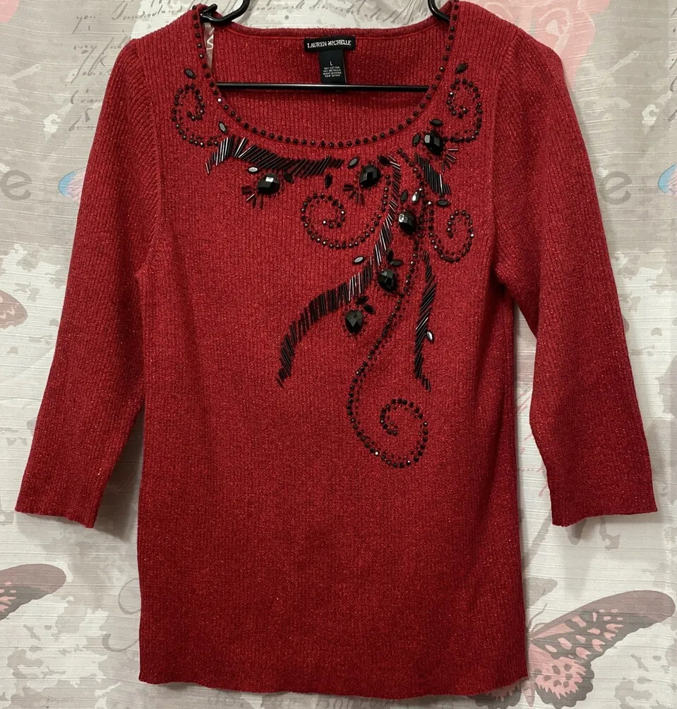 Lauren Michelle Women's Sweater, Sparkling Red with Black Beaded