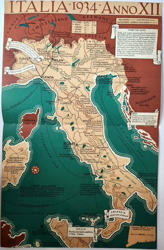 Italia Italy Map Vintage 1934 Fortune 22X14 Pull Out Cities Transport Industry