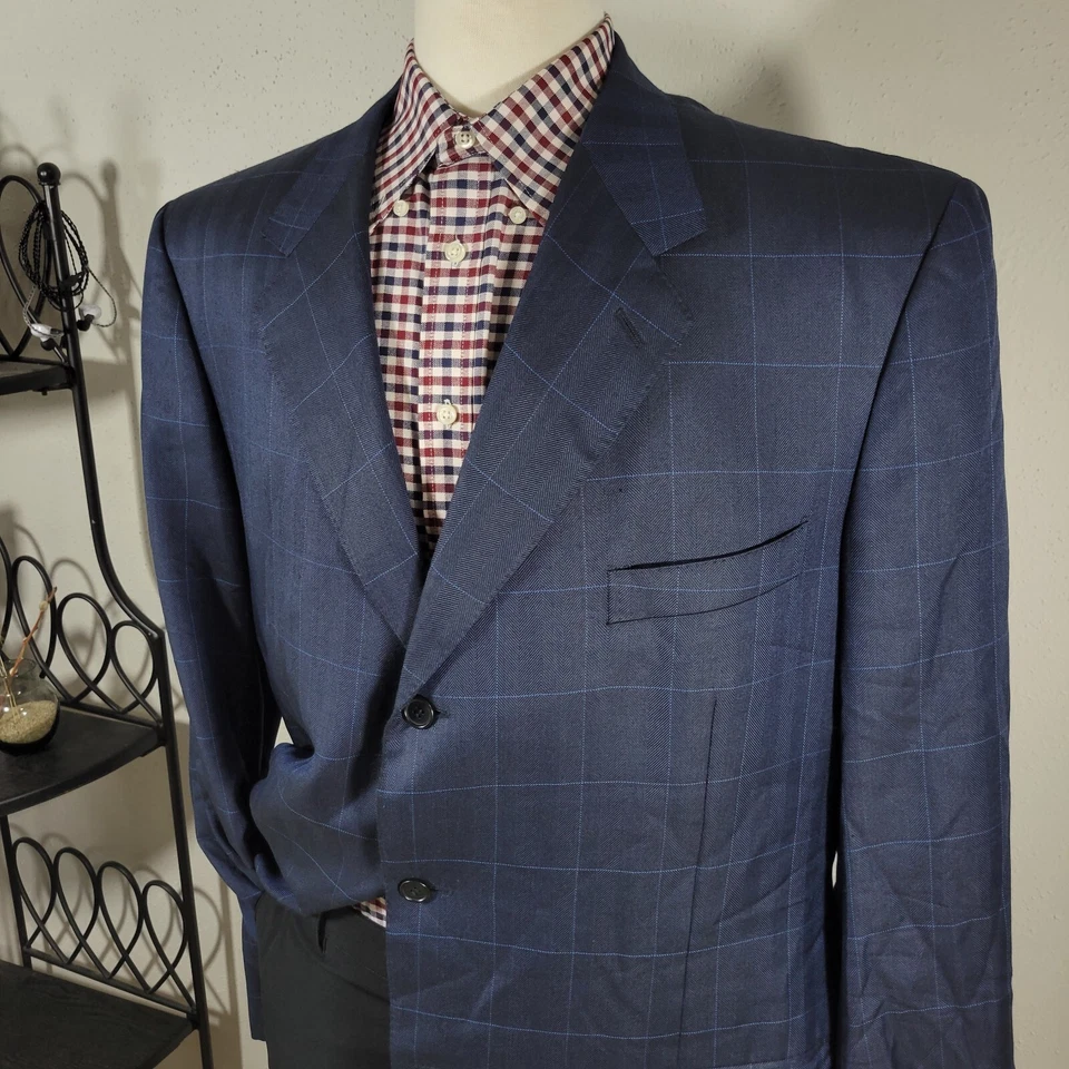 Abrigo Blazer Deportivo Para Hombre Canali AL13320/00 Dos Botones Azul Marino A Cuadros Seda Lana 52XL Foto 4 de 4
