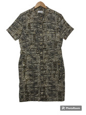 Sz 14 CALVIN KLEIN Brown GOLD SNAP FRONT Shirt Military Trench Dress Short Sle