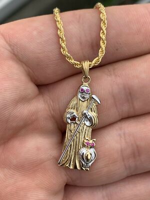 Grim Reaper Santa Muerte Death Pendant Real 14k Gold Plated Solid 925 Silver