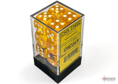 Chessex d6 16mm 12 Dice Set Translucent Yellow with White Pips block CHX 23602