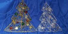Vintage Metal Christmas Ornaments 2 Trees 1 silver 1 gold with stars and balls