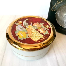 Chokin Trinket Box RARE Color Porcelain Japan 24K Gold Peacocks & Flowers 3904