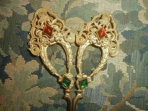 Exquisite Antique 1920's Jeweled Scissors Filigree Brass Germany Embroidery 5"