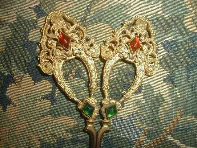 Exquisite Antique 1920's Jeweled Scissors Filigree Brass Germany Embroidery 5"